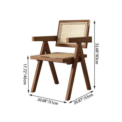 Traditional Rustic Rectangular Triangular Rattan Solid Wood Dining Chair Backrest Armrest For Dining Room