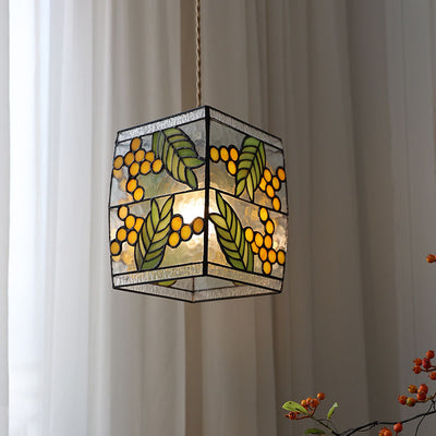 Japanese Vintage Square Copper Stained Glass 1-Light Pendant Light