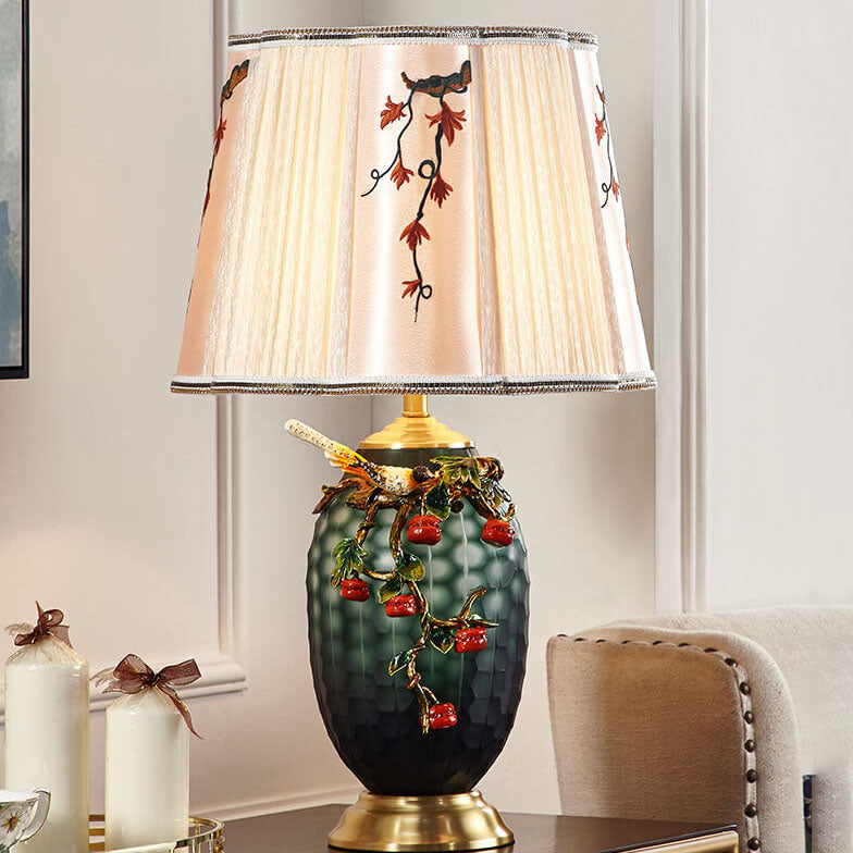 Retro Chinesische Kupfer Emaille Farbe Stoffschirm 1-Licht Tischlampe 