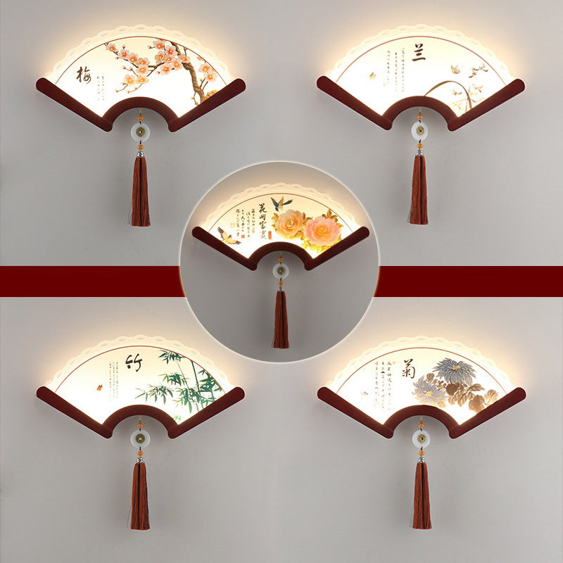 Aplique de pared LED con pantalla de elementos de planta acrílicos festoneados tradicionales chinos y borde de madera para sala de estar 