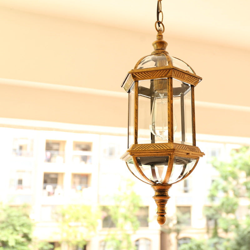 Zeitgenössische Retro sechseckige Laterne Glas Aluminium 1-Licht wasserdichte Pendelleuchte für Terrasse im Freien 