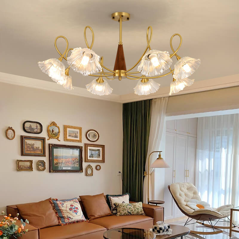 Lámpara de araña tradicional vintage de vidrio floral, madera y cobre con ramas de cristal de 3/6/8 luces para sala de estar 