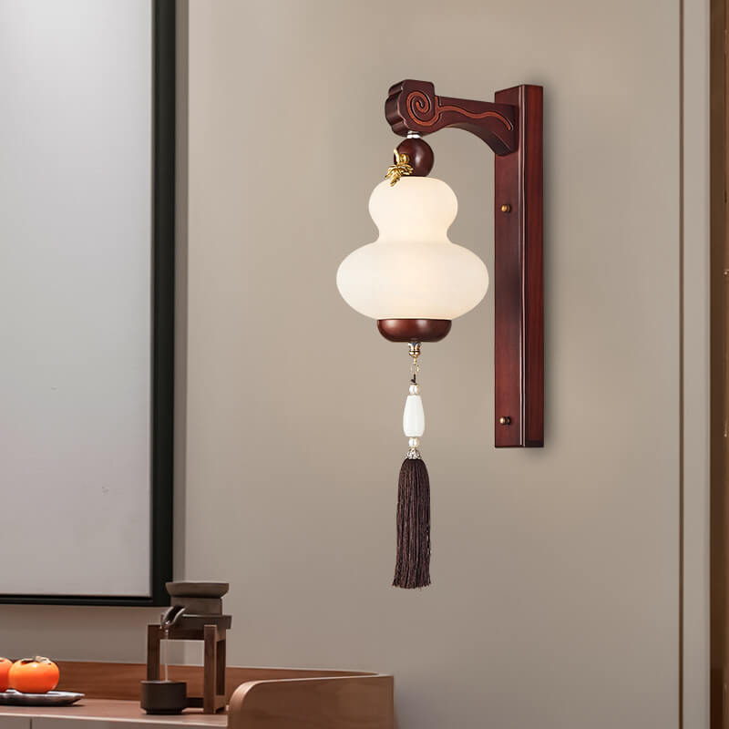 Moderne chinesische Eiche Element Kürbisform LED Wandleuchte 