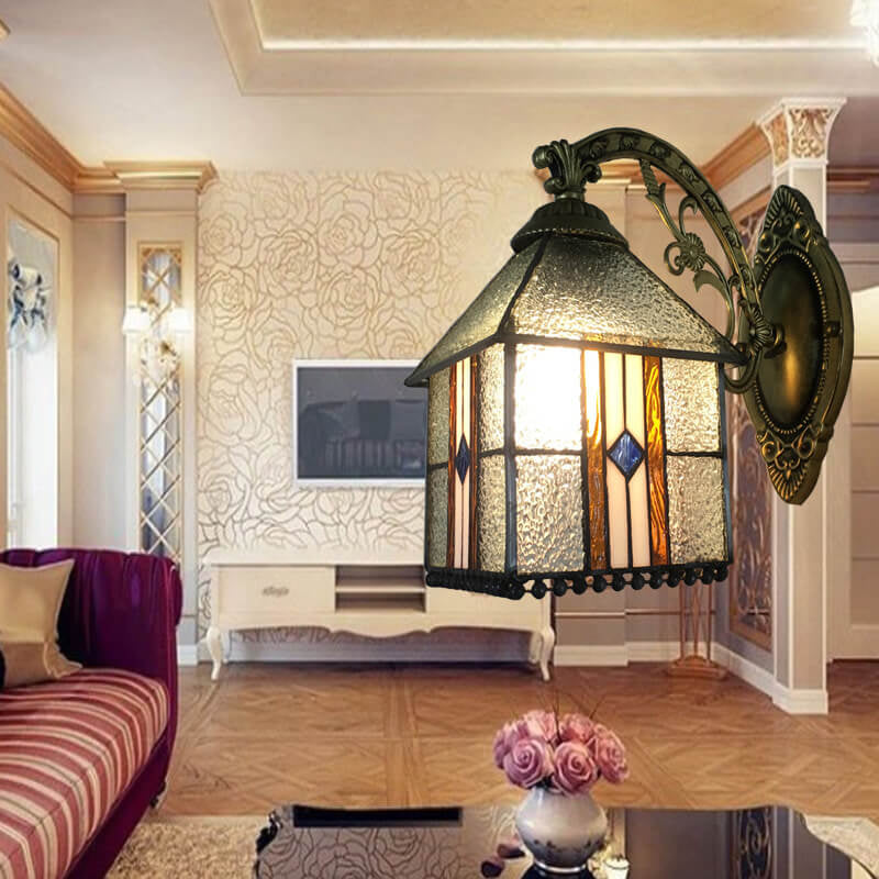 Traditional Tiffany Square House Iron Stained Glass 1-Light Wall Sconce Lamp For Living Room