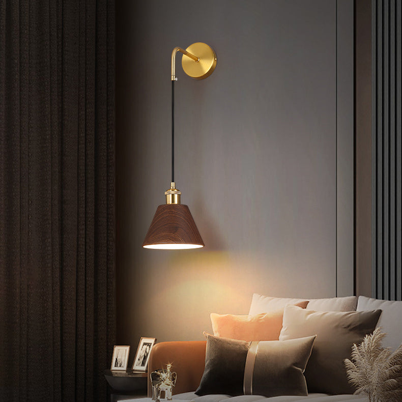 Lámpara de aplique de pared de 1 luz, cilindro de mesa redonda minimalista moderna, hierro, vetas de madera de nogal, para dormitorio 