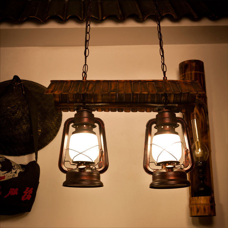 Traditionelle Bauernhaus-Pferdelampe, Eisen, Bambus, Glas, 2-flammig, Inselleuchter für Esszimmer 