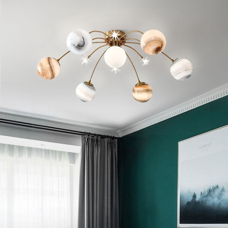 Plafonnier semi-encastré contemporain créatif ciel étoilé lune en verre de fer à 13 lumières pour chambre 