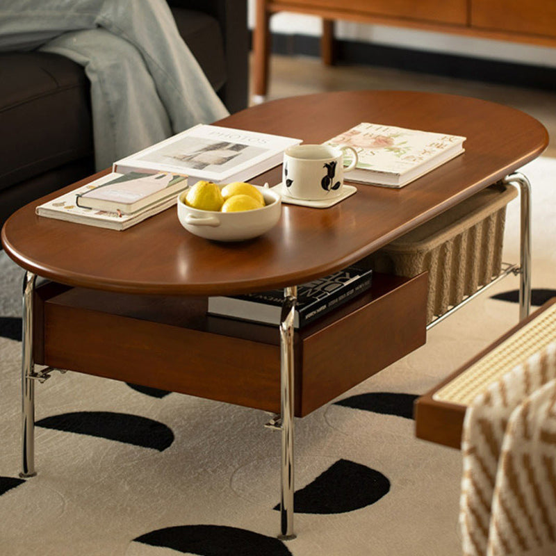 Table basse contemporaine rétro elliptique en bois de pin, bois de cerisier et acier inoxydable à 2 niveaux pour le salon 