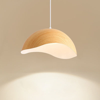 Contemporary Scandinavian Wood Grain Iron Dome Wave LED Pendant Light For Dining Room