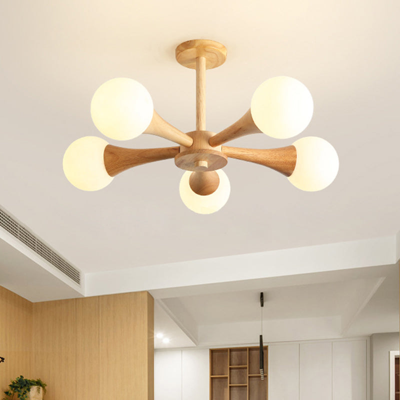 Traditioneller japanischer Holzrahmen-Kronleuchter mit Glas-Magiebohnen, 3/4/5 Lichter, für Wohnzimmer 