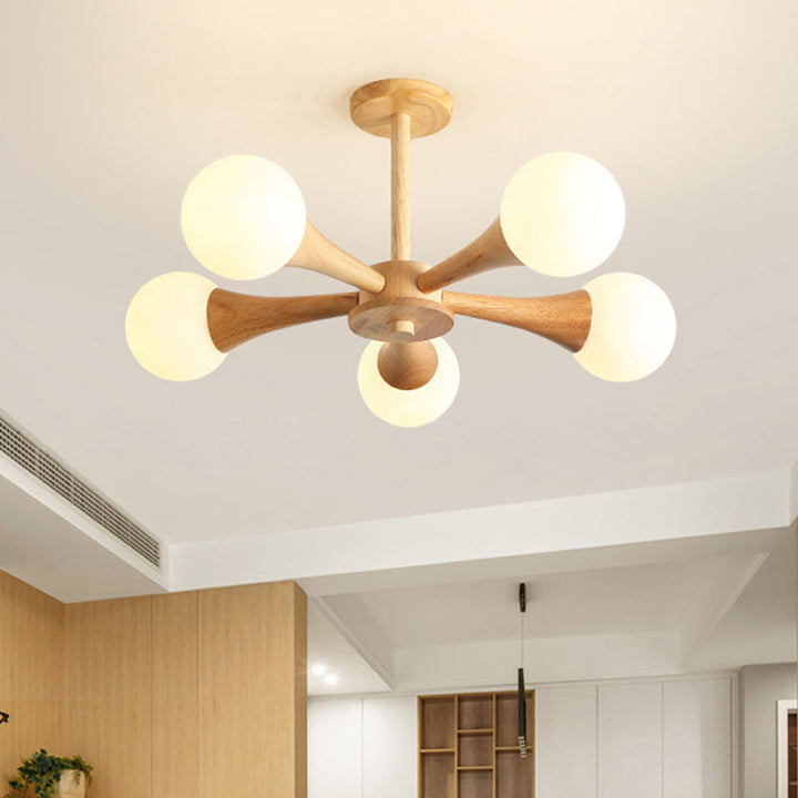 Traditioneller japanischer Holzrahmen-Kronleuchter mit Glas-Magiebohnen, 3/4/5 Lichter, für Wohnzimmer 