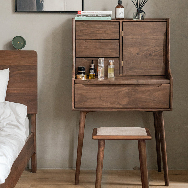 Traditional Chinese Rectangular Walnut Wood Paulownia Wood Nightstand 5-Drawer For Bedroom