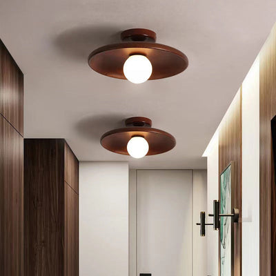 Zeitgenössische Einfachheit Runde Holz Glas 1-Licht Halb Flush Mount Deckenleuchte für Wohnzimmer