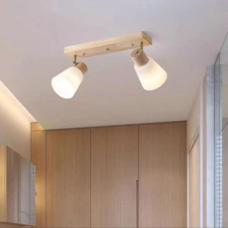 Traditional Vintage Rubberwood Glass Trumpet Shade 1/2/3/4-Light Semi-Flush Mount Ceiling Light For Living Room