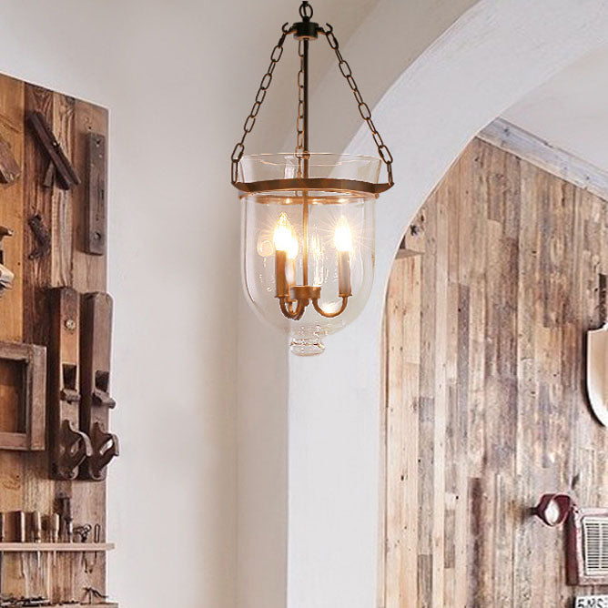 Chandelier 3 lumières en fer forgé rustique traditionnel avec seau en verre rond pour salon 