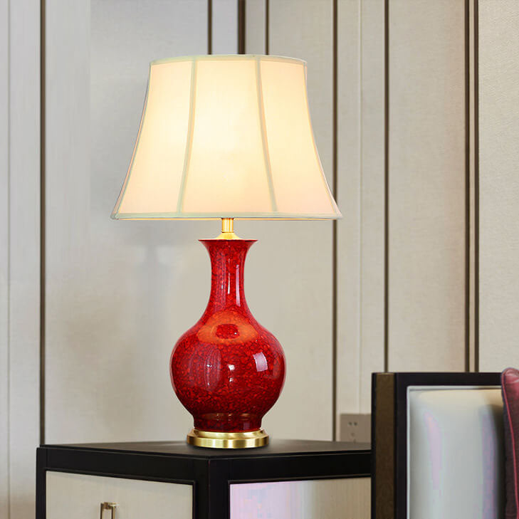 Lampe de table à 1 lumière avec abat-jour en tissu céramique émaillé vintage chinois 