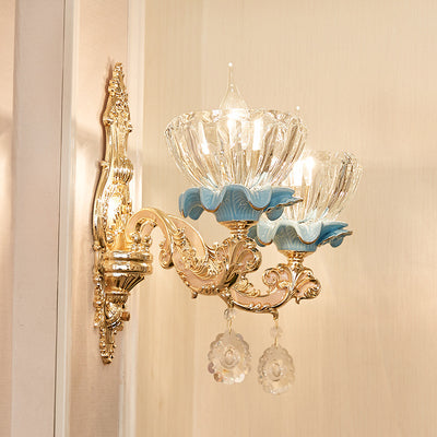Aplique de pared de cristal de aleación de zinc con pétalos de flores tradicionales europeas 1/2 para sala de estar 