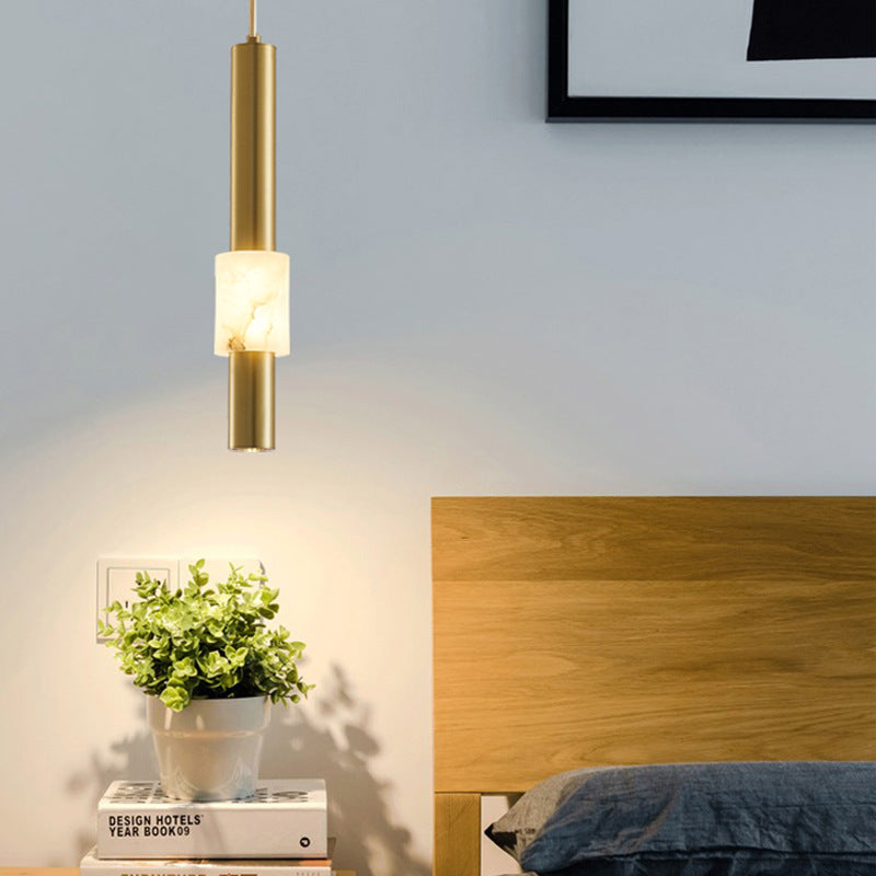 Lustre LED contemporain de luxe en cuivre à bande longue avec abat-jour en marbre pour salon 