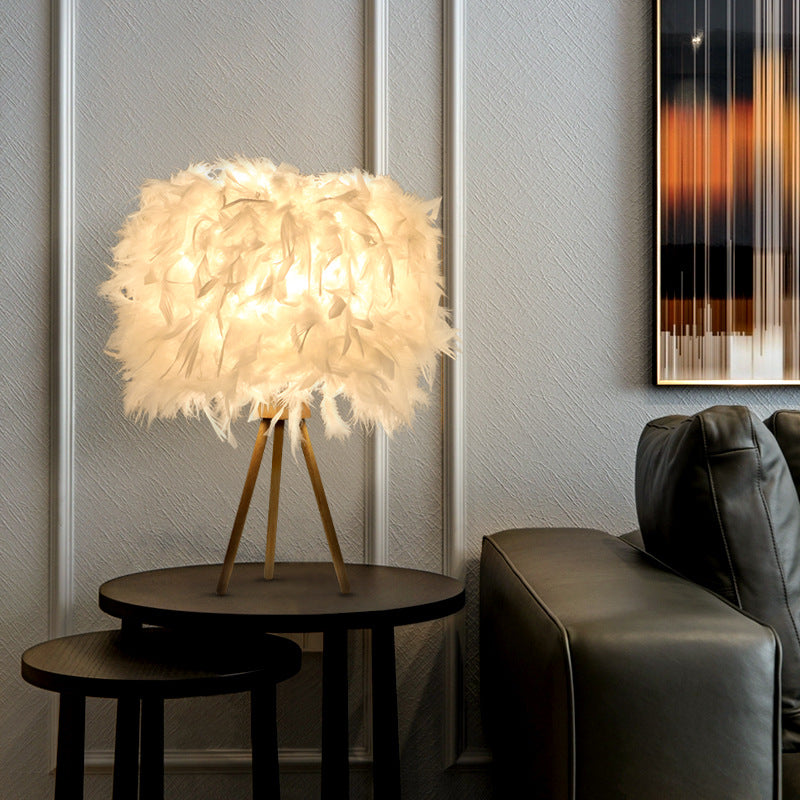 Modern Art Deco Feather Wood Cylinder Triangle Base 1-Light Table Lamp For Bedside