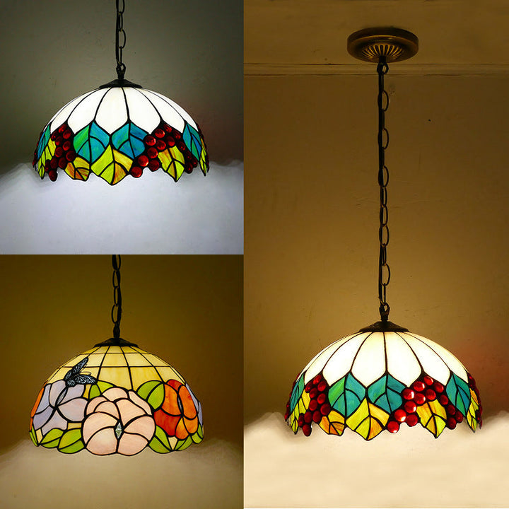 Traditional Tiffany Round Dome Iron Glass 1-Light Pendant Light For Living Room