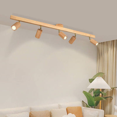 Japanese Minimalist Wooden Track Lighting LED 2/3/4/5 Light Semi-Flush Mount Ceiling Light