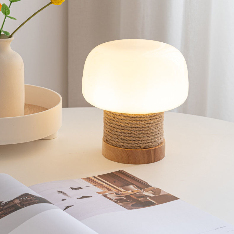 Lampe de table 1 lumière en verre avec pied en forme de cylindre minimaliste moderne et abat-jour en forme de champignon en chêne et ficelle pour chambre à coucher 