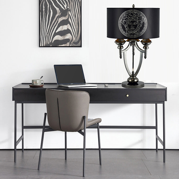Lampe de table à 3 lumières en tissu rétro contemporain avec cylindre en marbre et fer pour étude 
