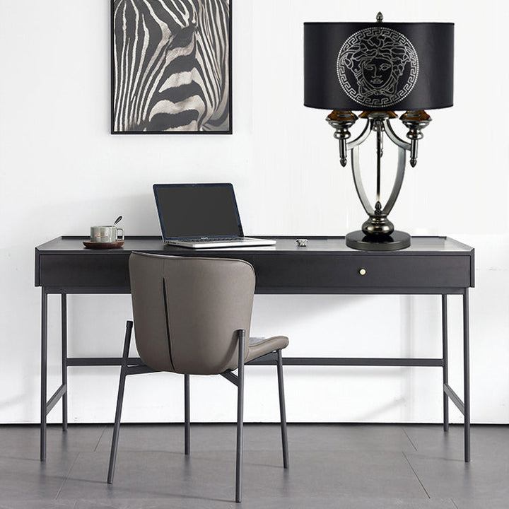 Lampe de table à 3 lumières en tissu rétro contemporain avec cylindre en marbre et fer pour étude 