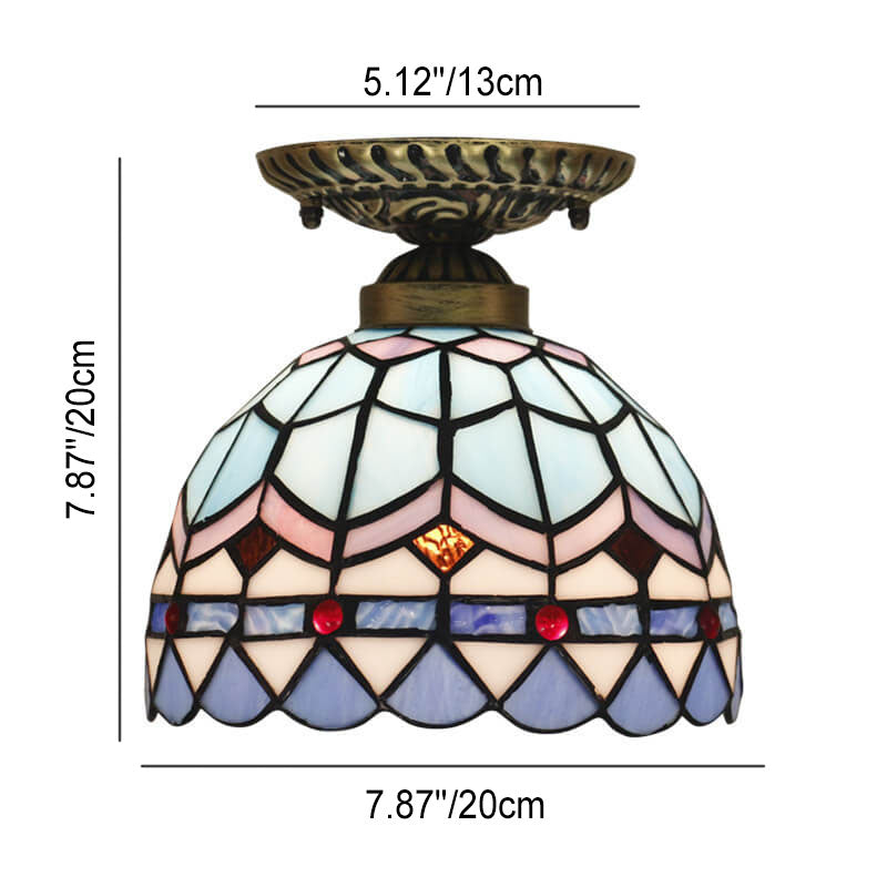 Tiffany Mediterranean Stained Glass Dome 1-Light Semi-Flush Mount Ceiling Light