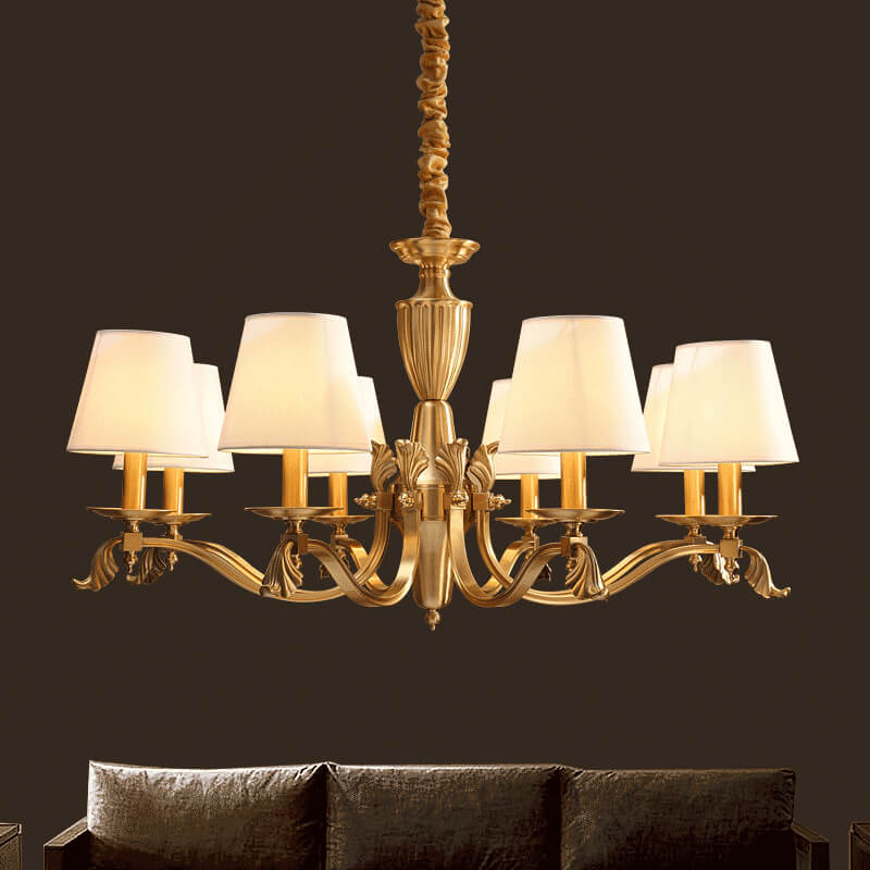 Lustre traditionnel vintage rond trapézoïdal en cuivre avec tissu, 3/6/8/10 lumières pour salon 