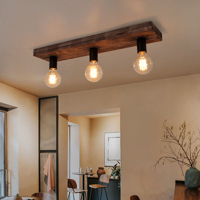 Retro Creative Solid Wood Glass Lampshade 3-Light Flush Mount Ceiling Light