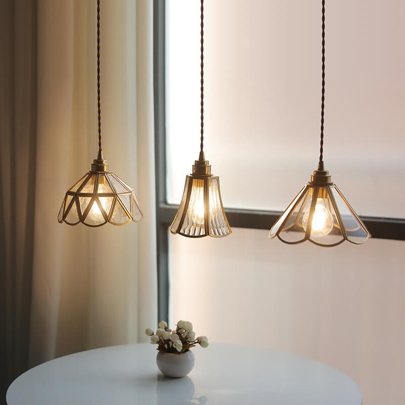 Traditional Japanese Cone Geometric Glass Copper 1-Light Pendant Light
