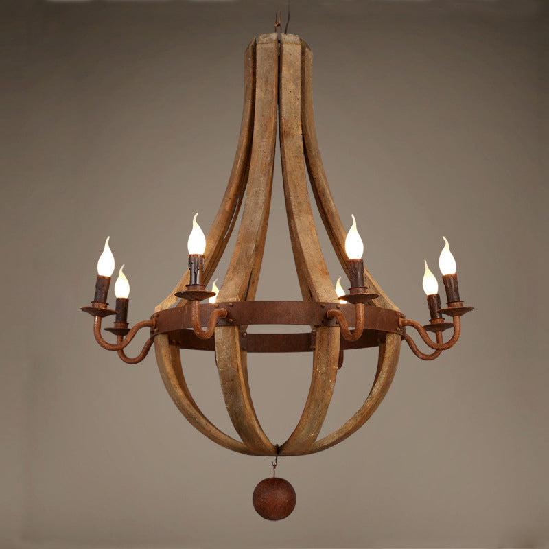 Chandelier Traditionnel Rustique Rond en Bois et Fer avec Bougeoir pour 5/6/8 Lumières pour Salon 