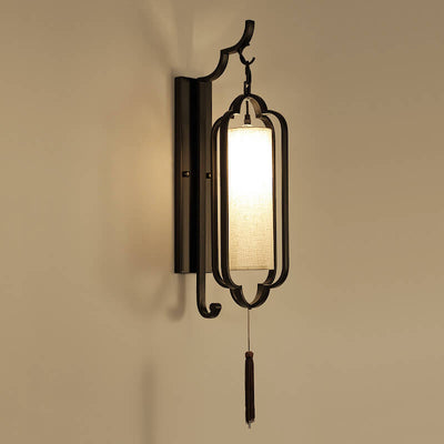 Chinese Vintage Iron Frame Tassel Fabric Cylindrical Shade 1-Light Wall Sconce Lamp