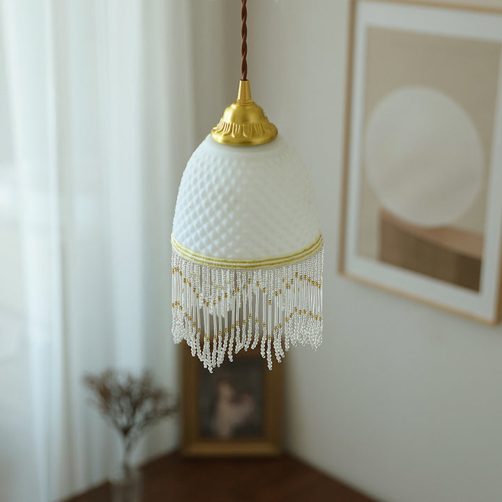 Lámpara colgante de 1 luz de cobre con cristal ovalado tradicional europeo con borla para dormitorio 