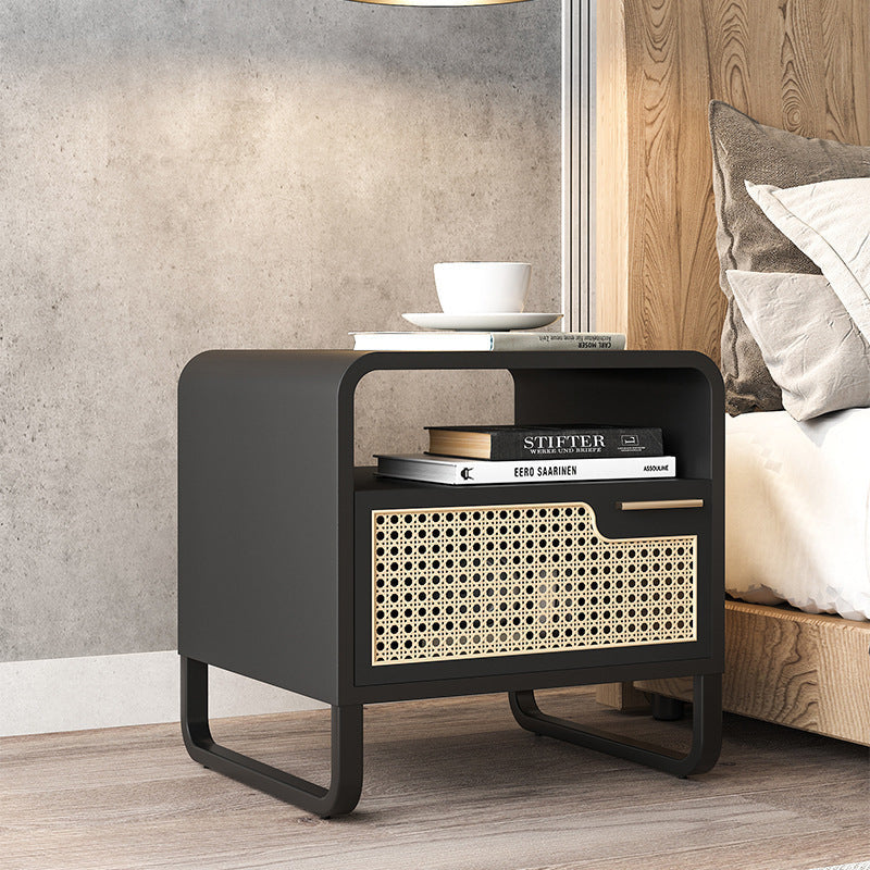 Table de chevet moderne minimaliste rectangulaire en bois massif avec rotin 1 tiroir pour chambre 