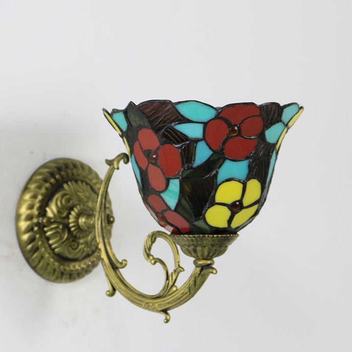 Applique murale 1 lumière en verre teinté en alliage de zinc Tiffany Flower Cup 