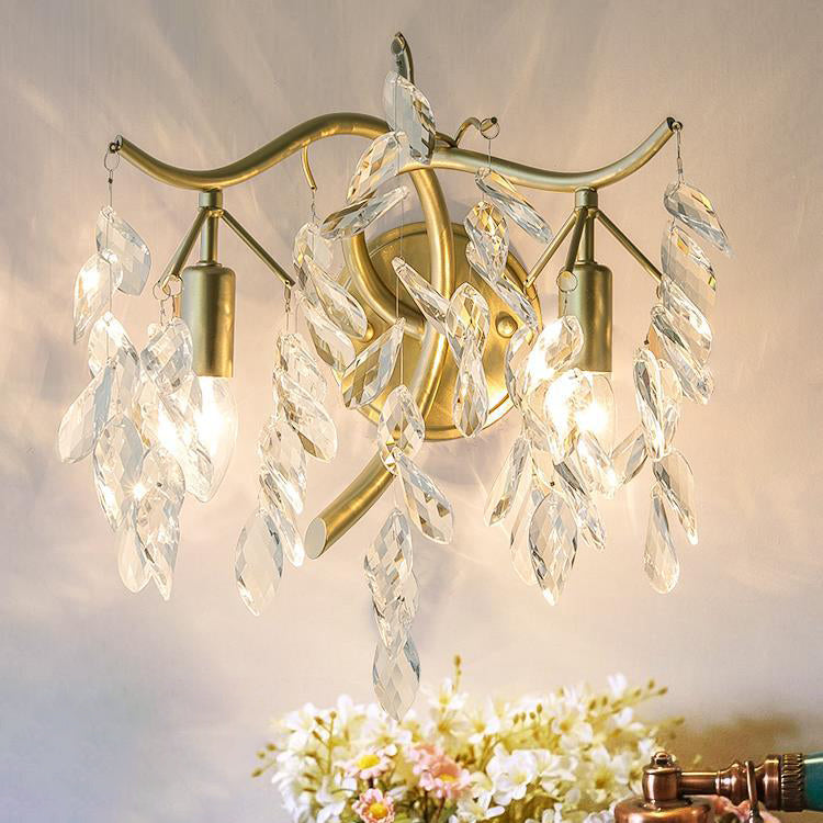Traditionelle französische Blatt Eisen Kupfer Kristall 2-Licht Wandleuchte Lampe für Wohnzimmer 