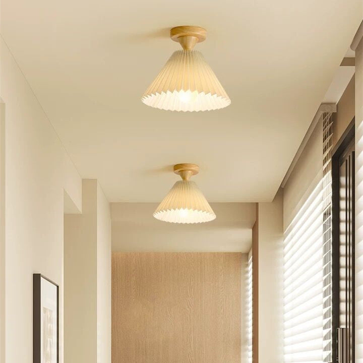 Traditionelle japanische Deckenleuchte aus plissiertem, konischem Stoff mit 1 Licht, halbbündige Montage für Wohnzimmer 