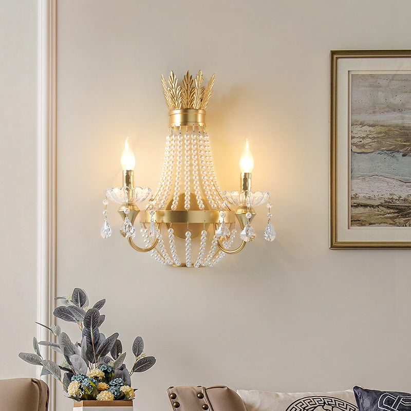 Lámpara de Aplique de Pared de 2 Luces de Cristal de Perlas y Hierro con Flecos en Media Luna de Lujo Moderno para Dormitorio 