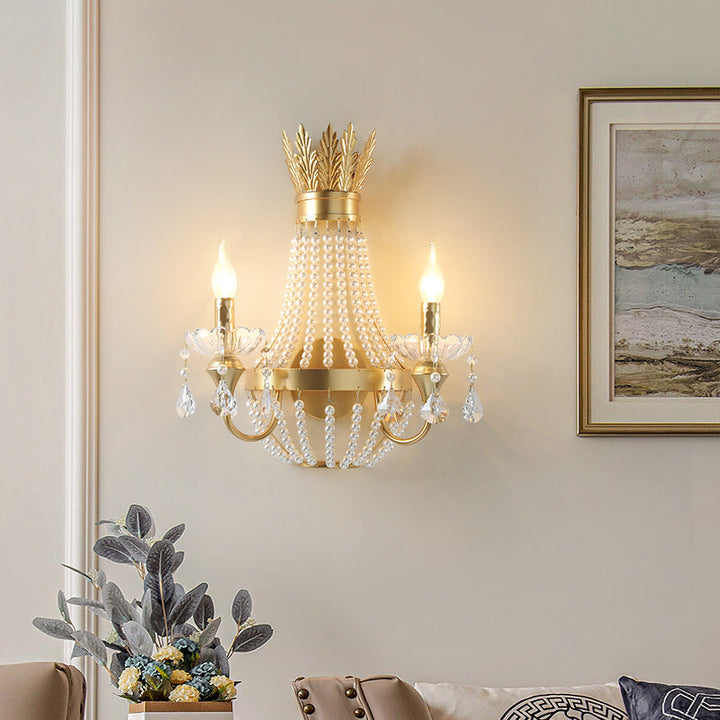 Lámpara de Aplique de Pared de 2 Luces de Cristal de Perlas y Hierro con Flecos en Media Luna de Lujo Moderno para Dormitorio 