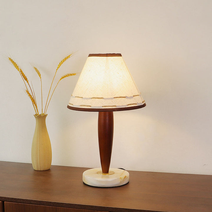 Traditional Vintage Tapered Marble Solid Wood Fabric 1-Light Table Lamp For Bedroom