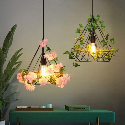 Luz colgante de 1 luz con hoja de sakura de diamante de vegetación simulada de cuerda de cáñamo de hierro retro contemporáneo para comedor 