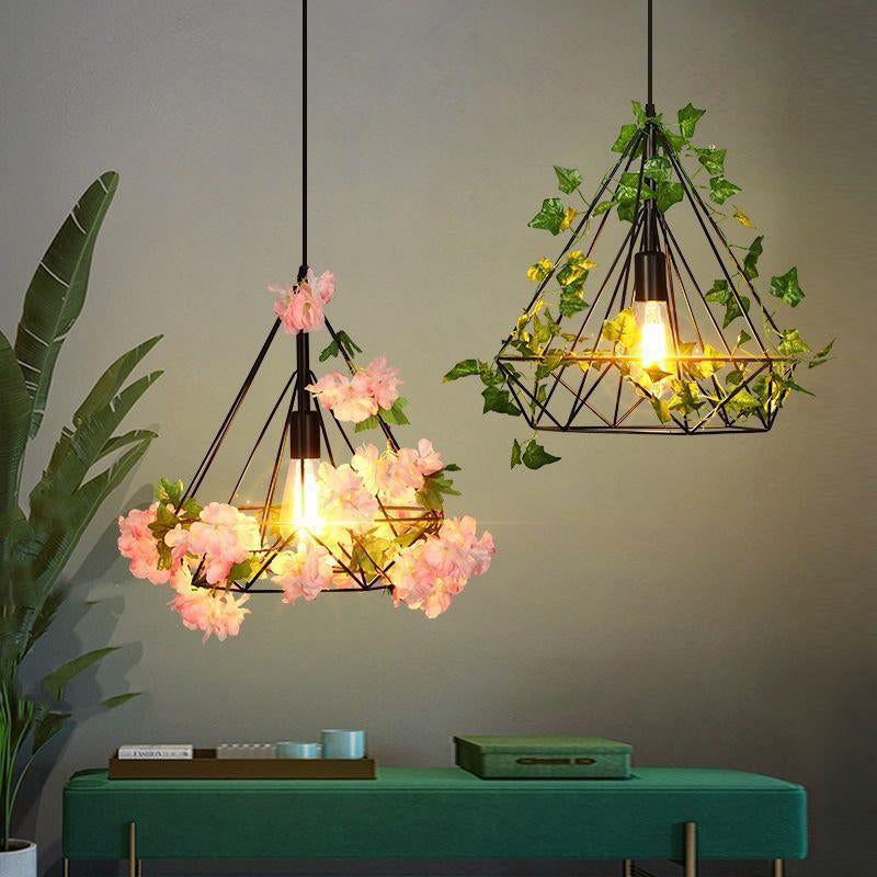 Luz colgante de 1 luz con hoja de sakura de diamante de vegetación simulada de cuerda de cáñamo de hierro retro contemporáneo para comedor 