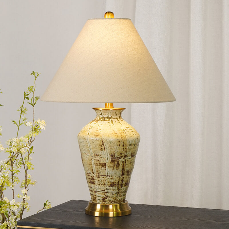 Traditional Chinese Vintage Ceramic Jar Base Cone Fabric 1-Light Table Lamp For Bedroom
