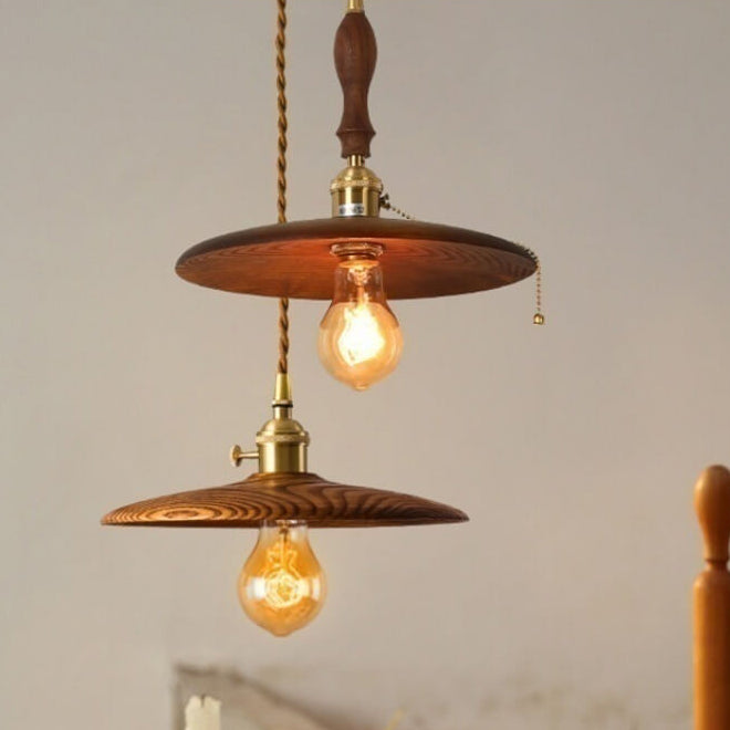Contemporary Retro Ash Wood Copper Round Dish Irregular Grain 1-Light Pendant Light For Dining Room