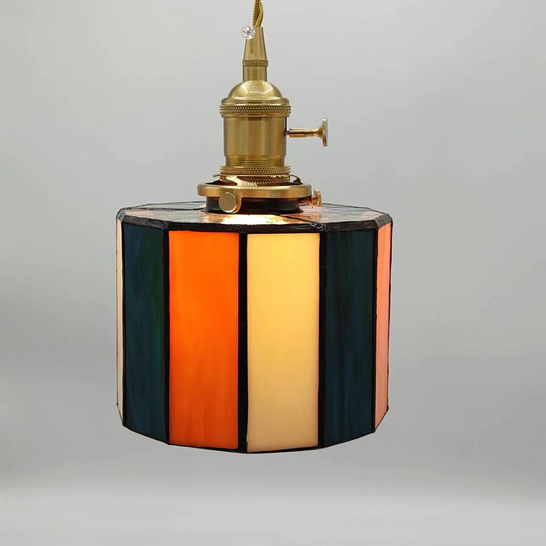 Lustre suspendu traditionnel vintage en laiton, verre, cylindre quadripartite, corne, treillis, à 1 lumière pour salle à manger 