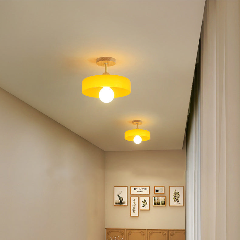 Moderne minimalistische runde Holzglas-Deckenleuchte mit 1 Licht, halbbündige Montage für Wohnzimmer 