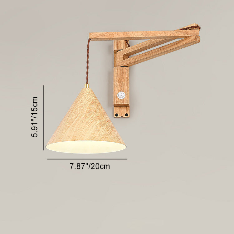 Applique murale moderne minimaliste conique rétractable en fer long, grain de bois tourné, pour chambre à coucher 