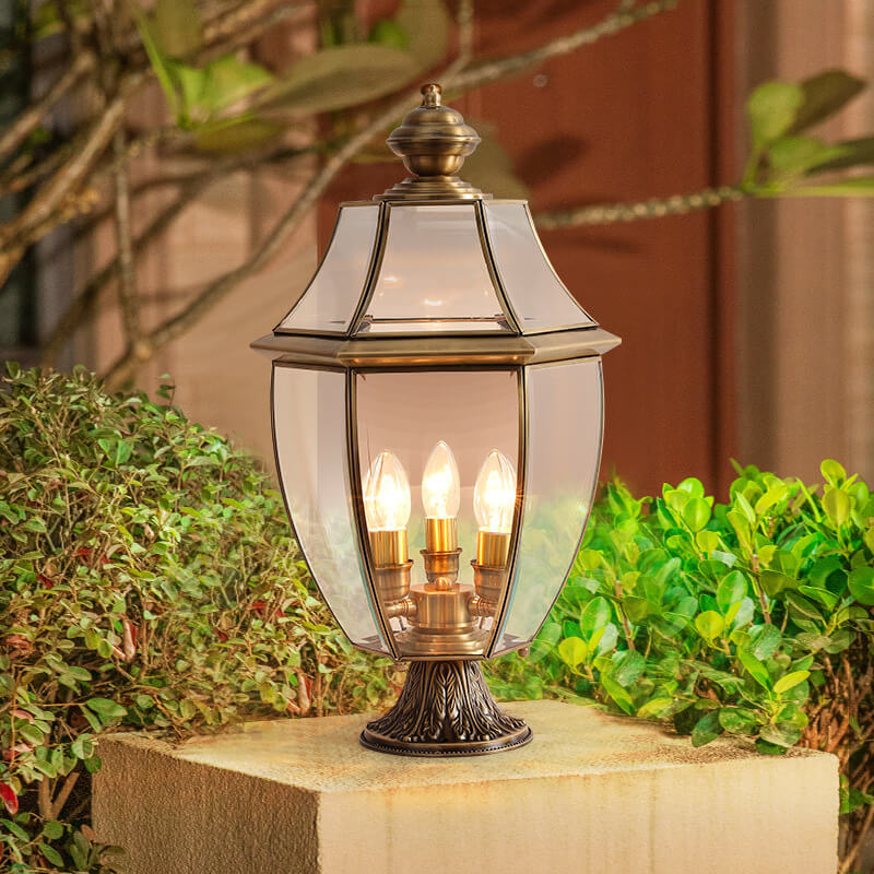 Traditional European All Copper Clear Glass Lantern Post 1/3 Light Waterproof Patio Landscape Light For Outdoor